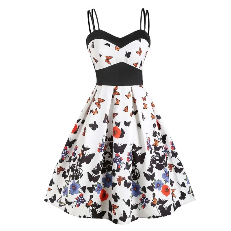 Boohoo floral dresses2023 Butterfly Print 50s Vintage Dress Spaghetti Strap Women Pin Up Retro High Waist Knee Length Rockabilly Swing Dresses Boohoo floral dresses