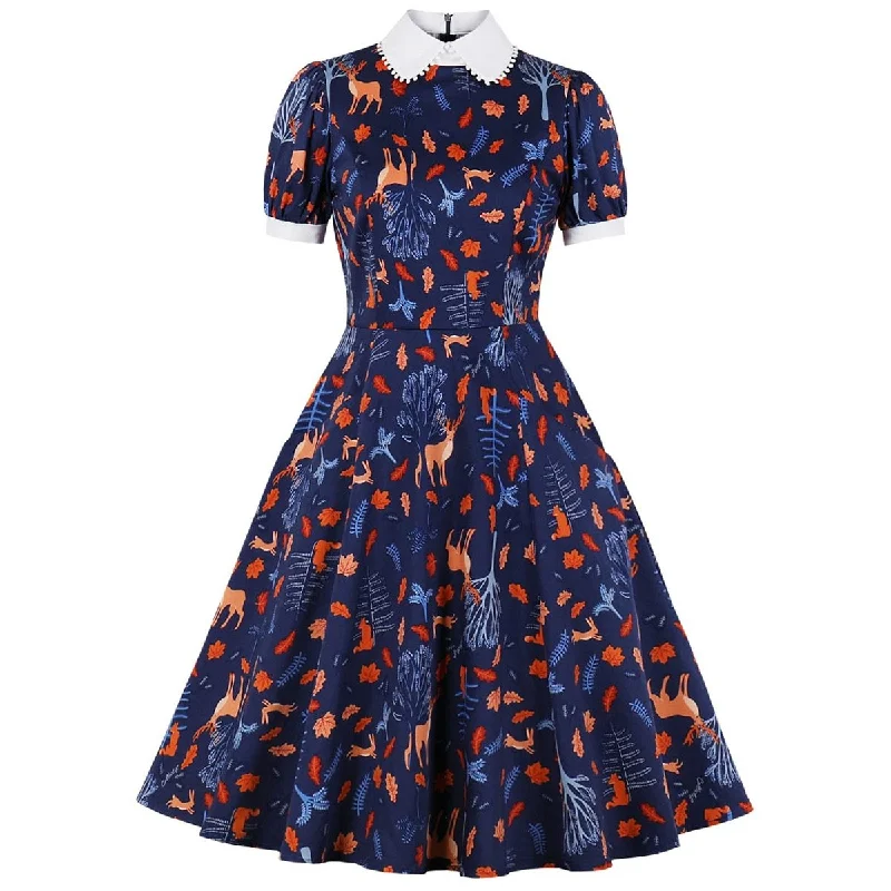 Retro floral dresses2023 Christmas Women Party Retro Dress Cotton Floral Print Turn Down Collar Short Sleeve Pin Up Rockabilly Swing Casual Sundress Retro floral dresses