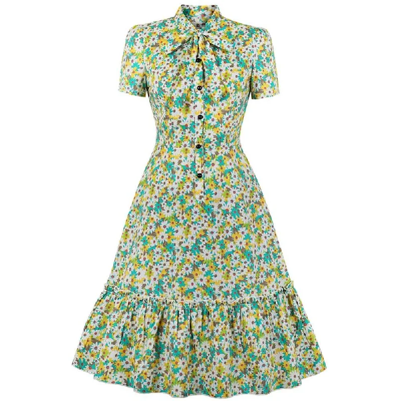 Outdoor floral dresses2023 Elegant Summer Women Party Dress Floral Bohemian Beach Y2K Aline Button Front Ruffle Shirt Sundress Green Pink Clothing 50s Outdoor floral dresses