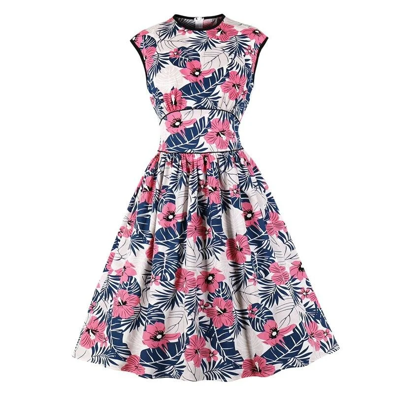 Budget-friendly floral dresses2023 Floral Print Elegant High Waist Vintage Pinup Girls 50s 60s Clothes Dresses Women O-Neck Sleeveless Pleated Cotton Dress Budget-friendly floral dresses