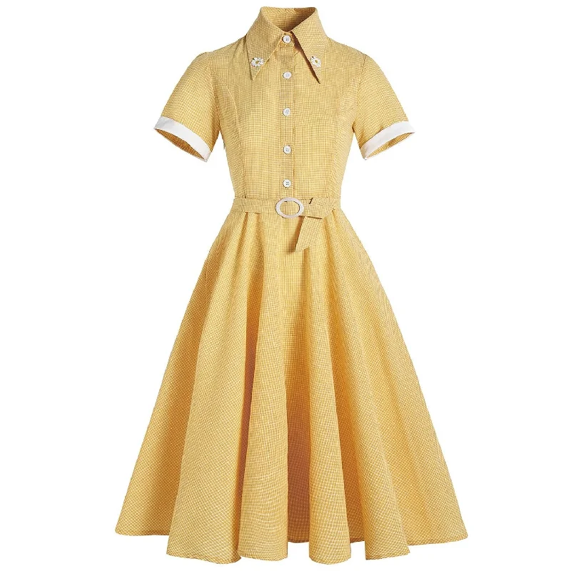 New Year's Eve floral dresses2021 Hepburn Style Shirt Summer Women Dress With Belt Vintage England Plaid Yellow Floral Short Sleeve Swing Pin Up Sundress New Year's Eve floral dresses