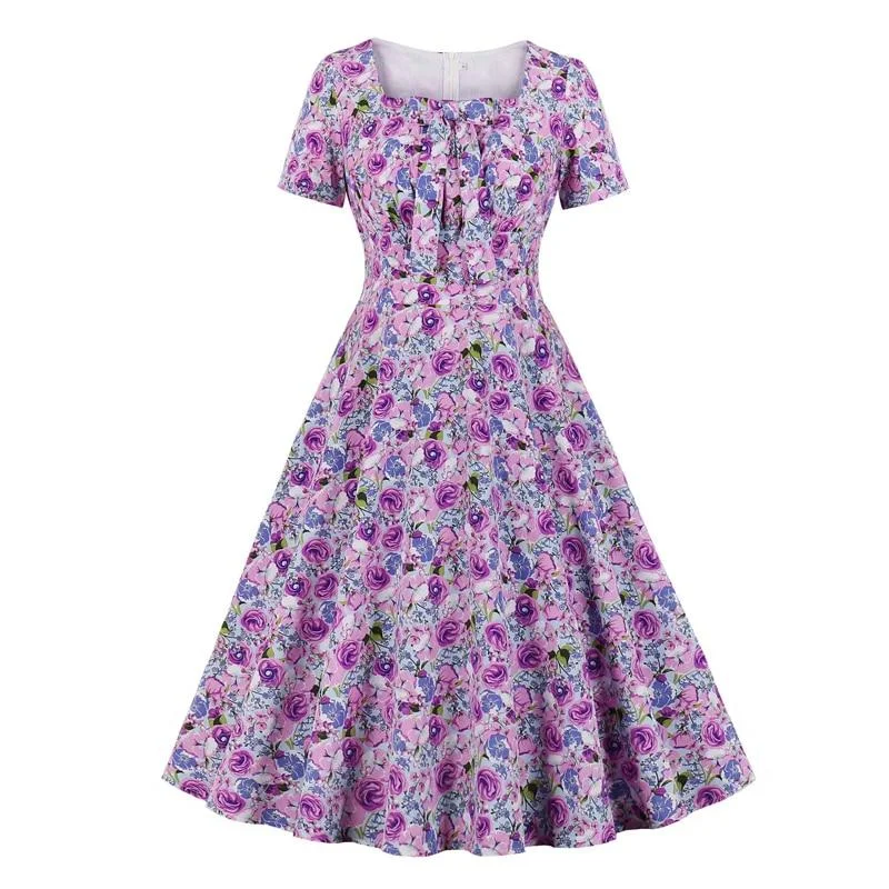 Petite floral dresses2021 Square Neck Bow Front Floral Vintage Summer Tunic Dress Short Sleeve High Waist Robe Elegant Women A Line Swing Dresses Petite floral dresses