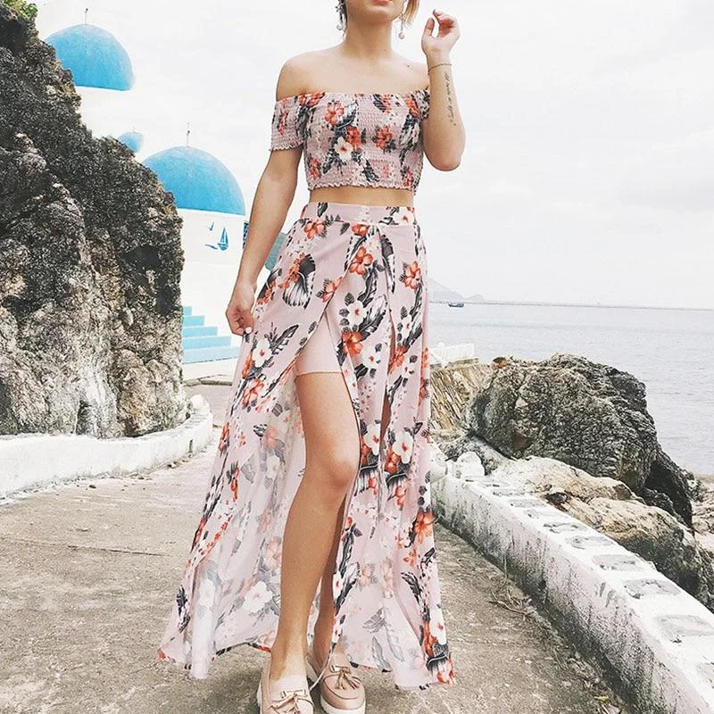 Must-have floral dresses for this season2021 Summer Bohemian Beach Dress Women Casual Elegant Two-Piece Suit Chiffon Sexy Slash Neck Tops Floral Print Split Long Dress Must-have floral dresses for this season