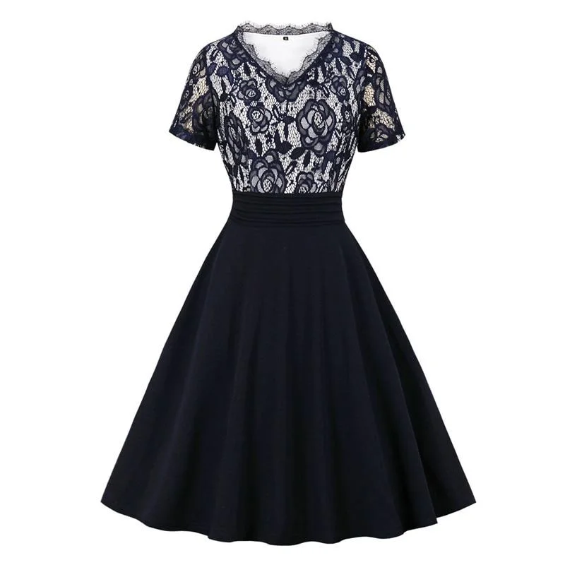 Best floral dresses for plus size2021 V Neck Short Sleeve Floral Lace Women Elegant Patchwork Dress Navy Blue A-Line Vintage Female Summer Knee-Length Dresses Best floral dresses for plus size