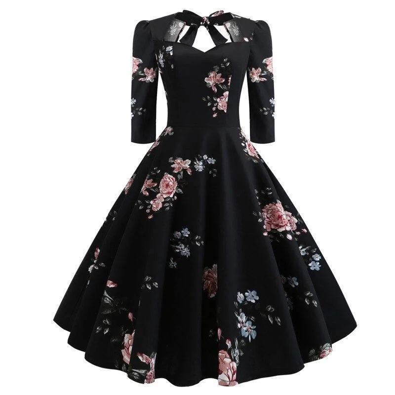 Best floral dresses for hourglass body shapeBlack Elegant Bow Tie Floral Sweetheart Rockabilly Party Three Quarter Sleeve Autumn Backless Vintage Dress Best floral dresses for hourglass body shape