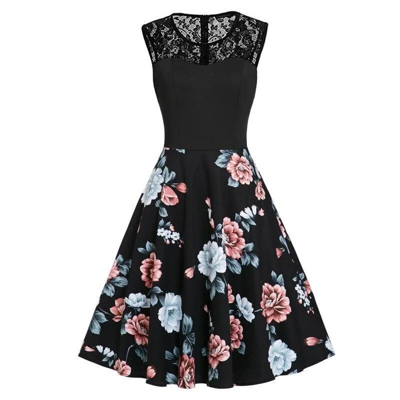 Best floral dresses for casual outingsBlack Floral Print Contrast Lace Sweetheart Sleeveless A Line Party Elegant Skater Vintage Dress Best floral dresses for casual outings