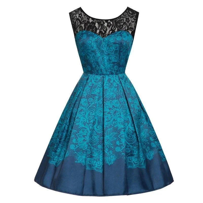 New Year's Eve floral dressesBlue Floral Print Contrast Lace Sweetheart Vintage Backless Party Pleated Rockabilly Summer Dress New Year's Eve floral dresses