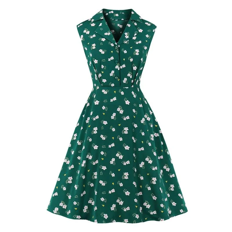 Outdoor floral dressesBohemian Notched Collar Button Up Floral Green Elegant Summer Shirt Dress 50s Women Sleeveless Casual High Waist Vintage Dresses Outdoor floral dresses