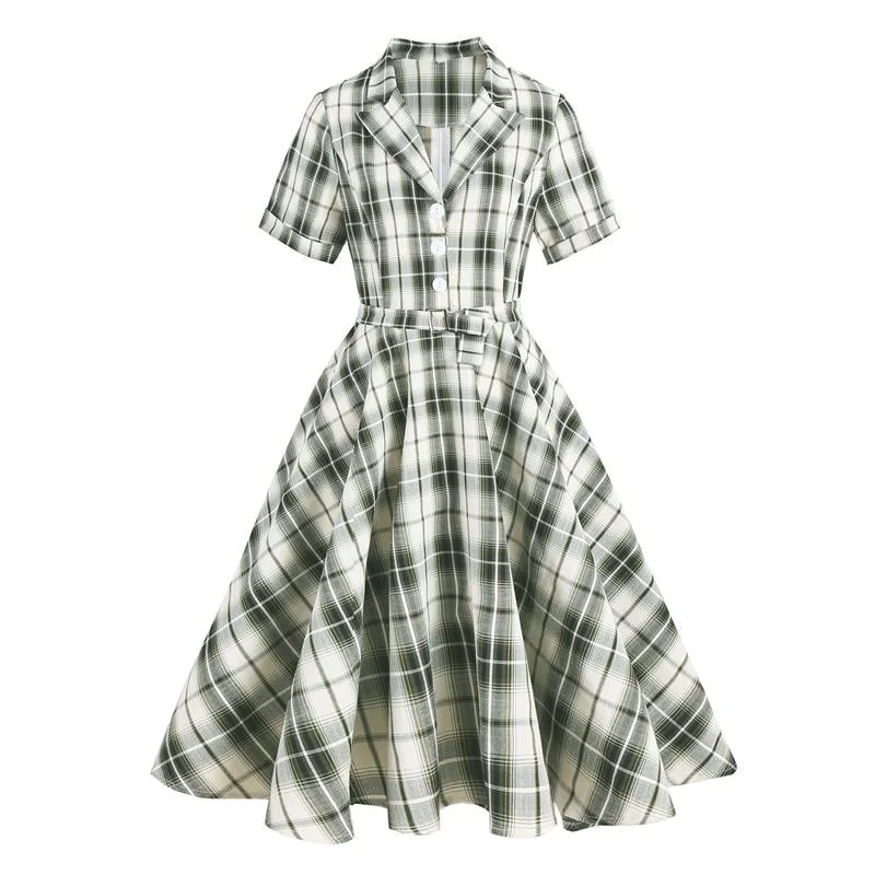 Organza floral dressesBritish Women Green Plaid Rockabilly Vintage Dress Plaid Print Notched Collar Buttons Elegant Belted A Line Retro Ladies Dresses Organza floral dresses