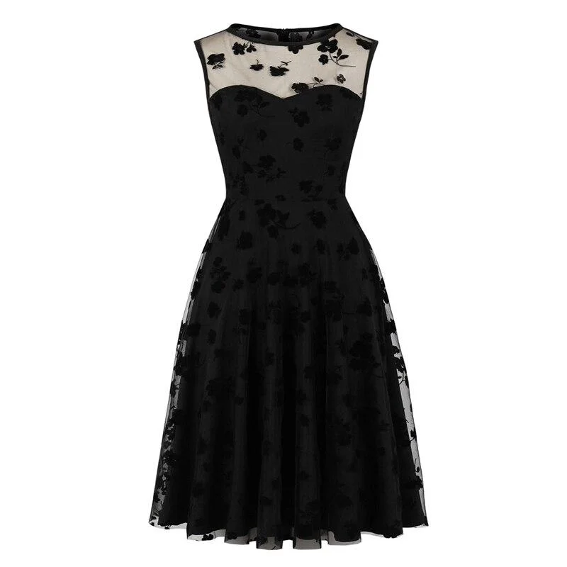 Women's trendy floral dresses saleFloral Embroidered Mesh Overlay Elegant High Waist Black Sleeveless A Line Winter Party Dress Women's trendy floral dresses sale