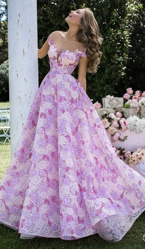 Smocked floral dressesTarik Ediz - Illusion Floral Embroidered Multicolored Ballgown 50491 Smocked floral dresses