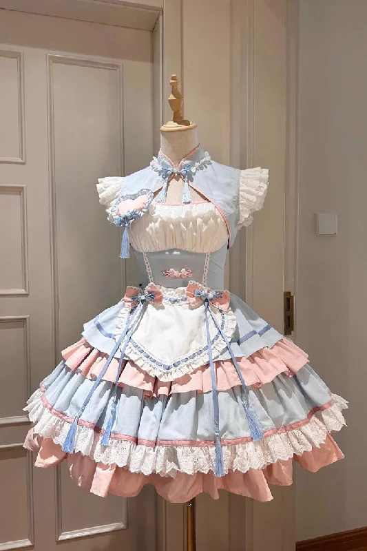 Striped unclassified dressesBlue/Pink Multi-Layered Ruffle Sweet Chinese Style Maid Cheongsam Lolita Dress Striped unclassified dresses