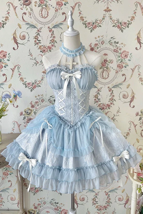 Cotton unclassified dressesBlue Tube Top Sleeveless Blowknot Ruffled Sweet Lolita Tiered Dress Cotton unclassified dresses