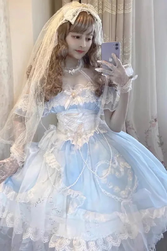 Club unclassified dressesBlue/White [The Little Mermaid] Off Shoulder Halterneck Hanayome Bowknot Mesh Sweet Elegant Princess Lolita Dress Club unclassified dresses