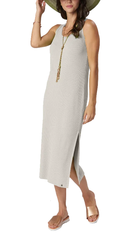 Trendy new unclassified dressesBetsy Vertical Rib Knit Sleeveless Mid-calf Sheath Dress; Beige Trendy new unclassified dresses