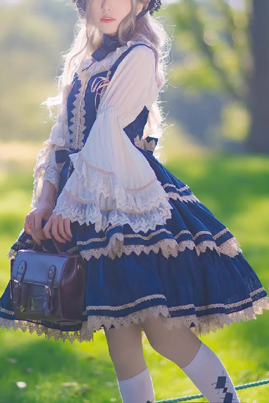 Pastel unclassified dressesDark Blue Three-section Cake Sleeveless Ribbon Sweet Lolita Tiered Dress Pastel unclassified dresses