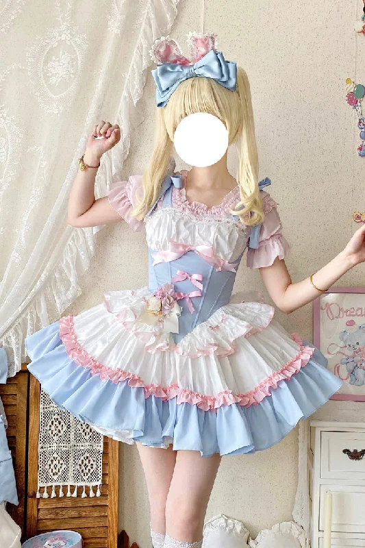 Festival unclassified dressesLight-Blue/Pink/White [Fairy Tale Overture] Triple-Layered Ruffle Bowknot Fishbone Sweet Ballet Lolita Dress Festival unclassified dresses