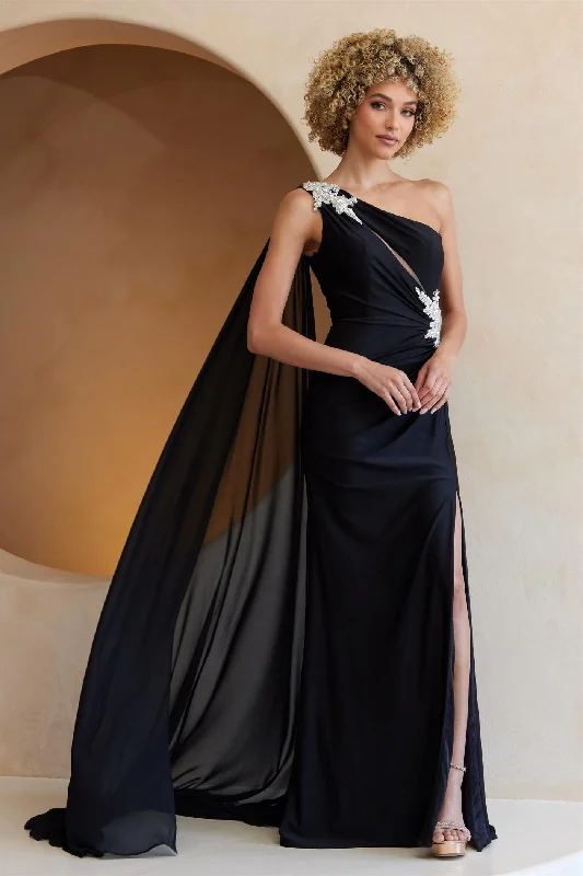 Satin unclassified dressesOne Shoulder Cape Slit Gown by Amelia Couture 7056 Satin unclassified dresses