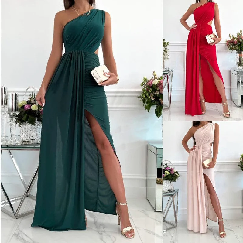 Beaded unclassified dressesSummer Sleeveless Slanted Shoulder Cutout Air Quality Slit Dress Beaded unclassified dresses