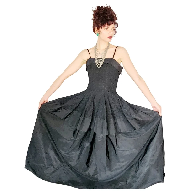 High-end unclassified dresses1940s Black Evening Dress Crinkled Taffeta M High-end unclassified dresses