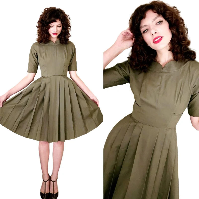 Anniversary unclassified dresses1950s Jacques Heim Couture Dress Olive Green Wool Anniversary unclassified dresses