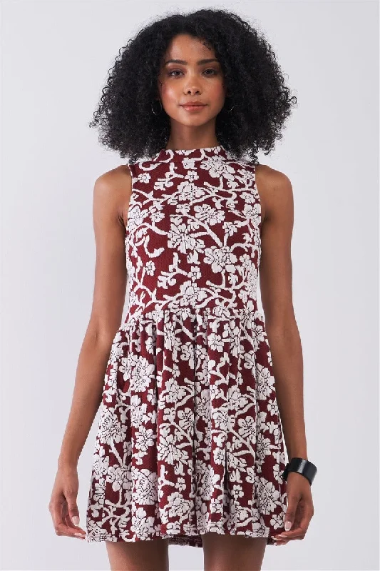 Burgundy & White Floral Crew Neck Sleeveless Fitted Mini Dress Mini Skirt Style