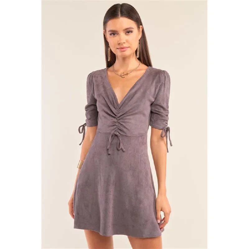 Charcoal Grey Suede Deep Plunge V-neck Gathered Detail Tight Fit Mini Dress Mini Skirt with Pockets