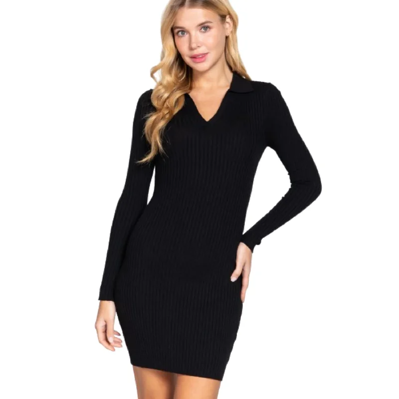 Long Sleeve V-neck Sweater Rib Mini Dress Soft Pleated Skirt