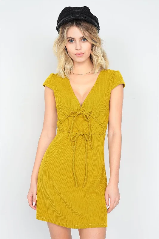 Mustard Ribbed V-neck Cap Sleeve Mini Solid Casual Dress Mini Skirt Dress