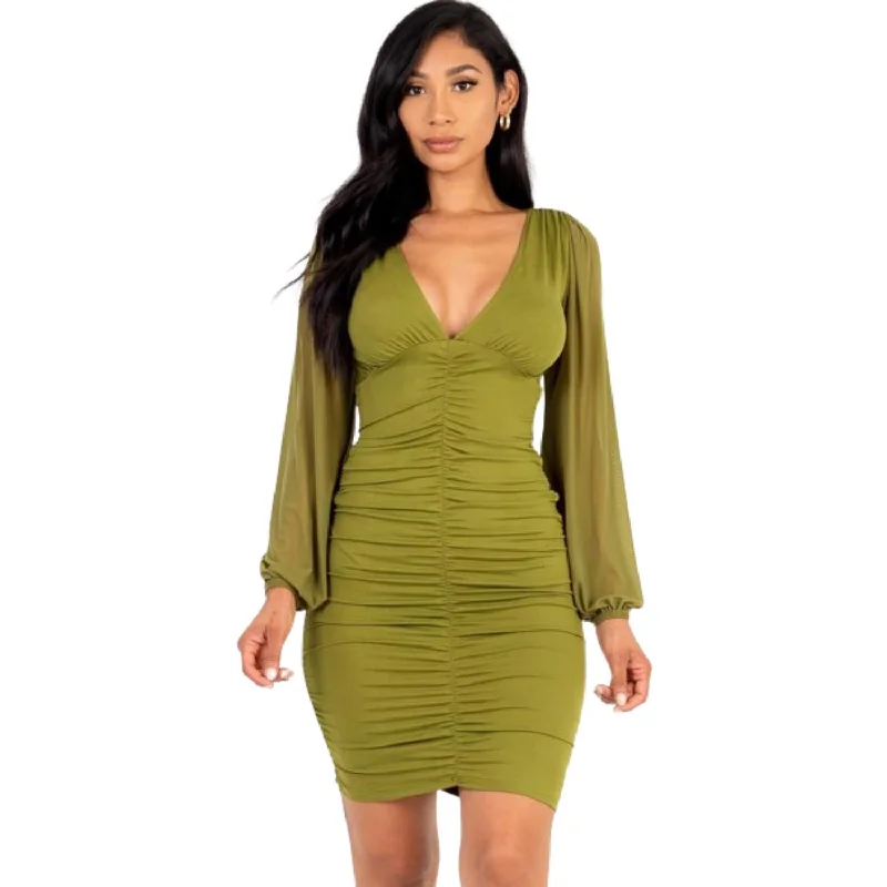 Ruched mesh long sleeve v-neck mini dress Lace Detail Mini Skirt