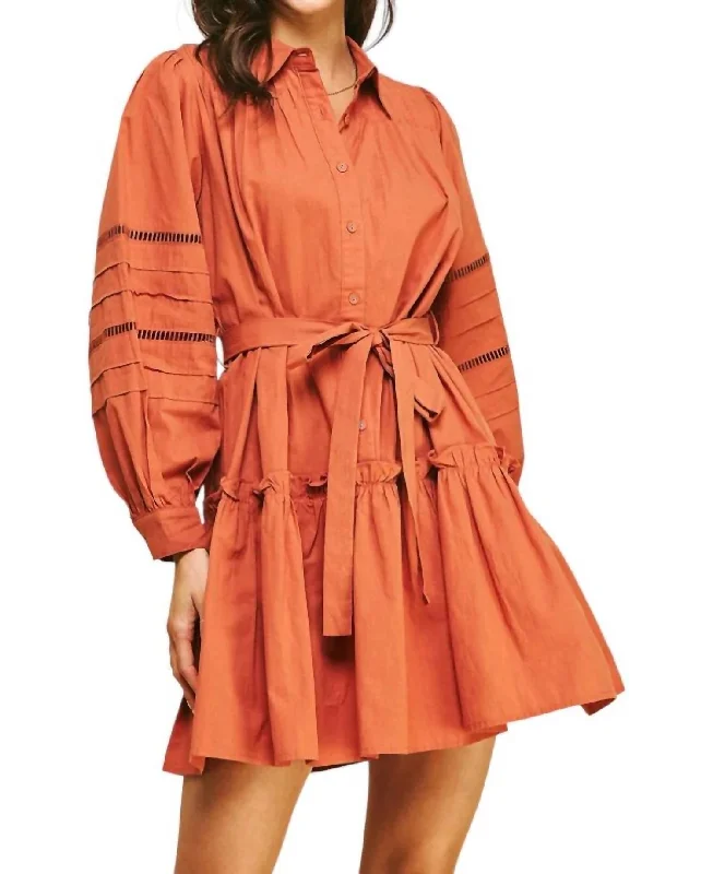 Take A Chance Buttondown Belted Mini Dress In Pumpkin Orange Flirty Mini Skirt