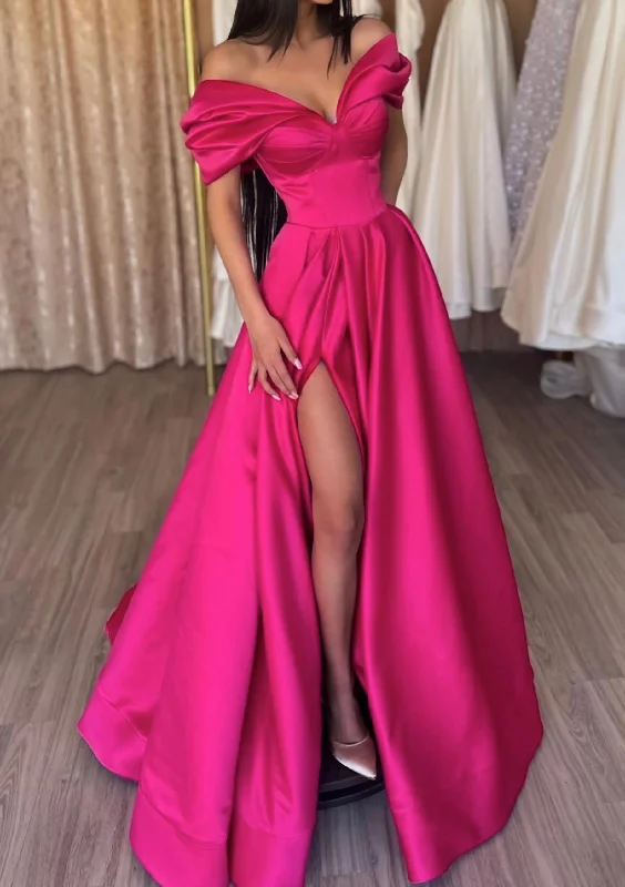 A-line Off-the-Shoulder Short Sleeve Satin Long/Floor-Length Corset Prom Dress With Ruffles Split Gowns Chic Maxi Skirt