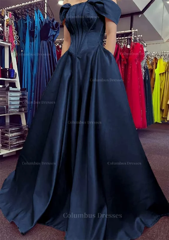 A-line Off-the-Shoulder Strapless Long/Floor-Length Satin Prom Dress With Pleated Pockets Chic Maxi Skirt