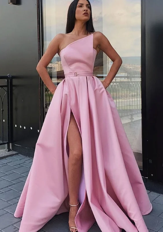 A-line One-Shoulder Long/Floor-Length Satin Corset Prom Dress With Pockets Waistband Split outfit A-line Maxi Skirt