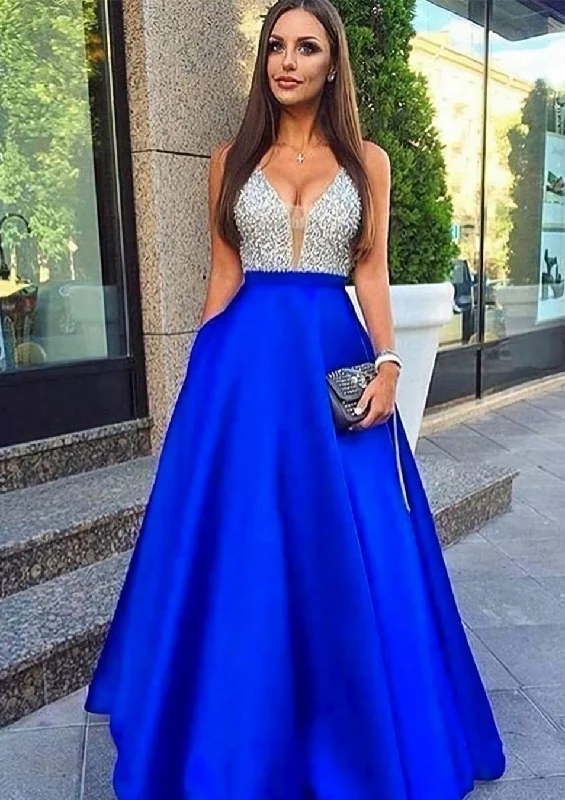 A-line/Princess V Neck Sleeveless Long/Floor-Length Satin Corset Prom Dresses With Sequins Gowns Sleek Maxi Skirt