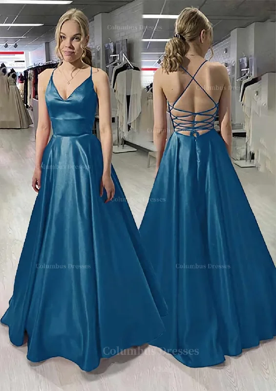 A-line/Princess V Neck Sleeveless Satin Long/Floor-Length Prom Dress Front Slit Maxi