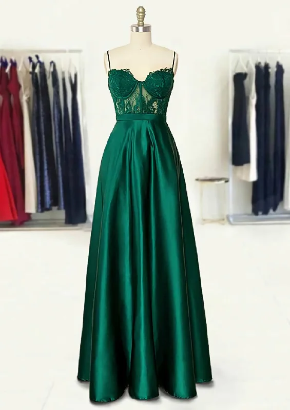 A-line Sweetheart Spaghetti Straps Long/Floor-Length Satin Corset Prom Dress With Appliqued Pockets Gowns Midi Maxi Outfit