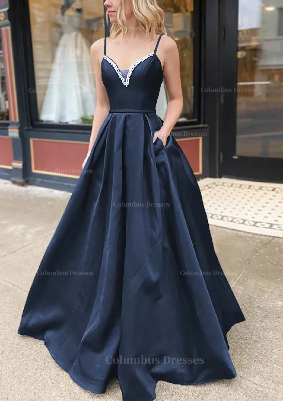 A-line V Neck Spaghetti Straps Long/Floor-Length Satin Prom Dress With Beading Pockets Comfortable Maxi Look