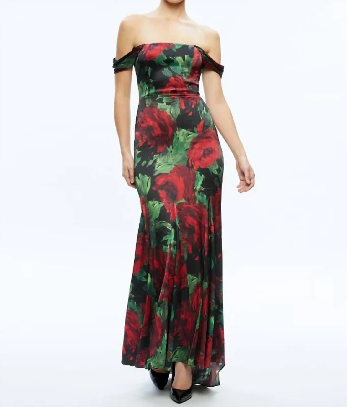 Azra Off Shoulder Maxi Dress In Floral Bordeaux Tulle Maxi Skirt