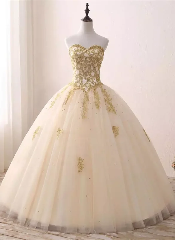 Ball Gown Light Champagne with Gold Lace Sweet 16 Dress, Tulle Long Prom Dress Trendy Maxi Skirt