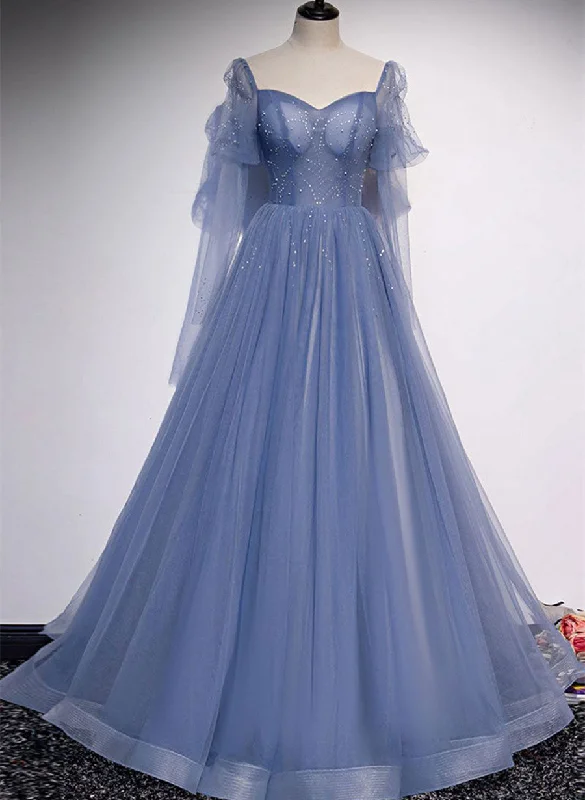 Blue Beaded Tulle Long Sleeves A-line Prom Dress, Blue Tulle Formal Dress Evening Dress Casual Long Skirt