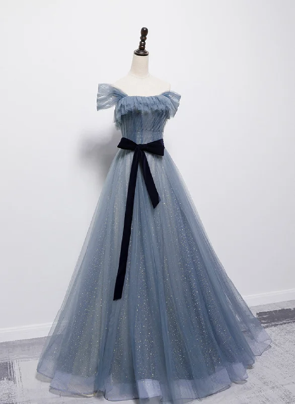 Blue Tulle Off Shoulder Long Prom Dress with Bow, A-line Floor Length Evening Dress Front Pocket Maxi