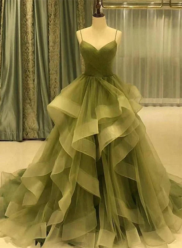 Green Straps Tulle Long Layers Formal Dress, Beautiful Green Floor Length Prom Dress Pleated Floral Maxi