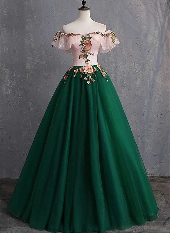 Green Tulle Off Shoulder with Flowers Long Sweet Dress, Green Long Prom Dress Printed A-line Maxi