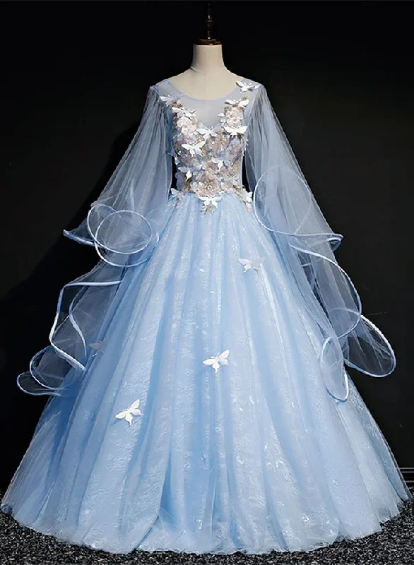 Light Blue Tulle A-line Long Prom Dress, Blue Sweet 16 Gown with Flowers Summer Maxi Skirt