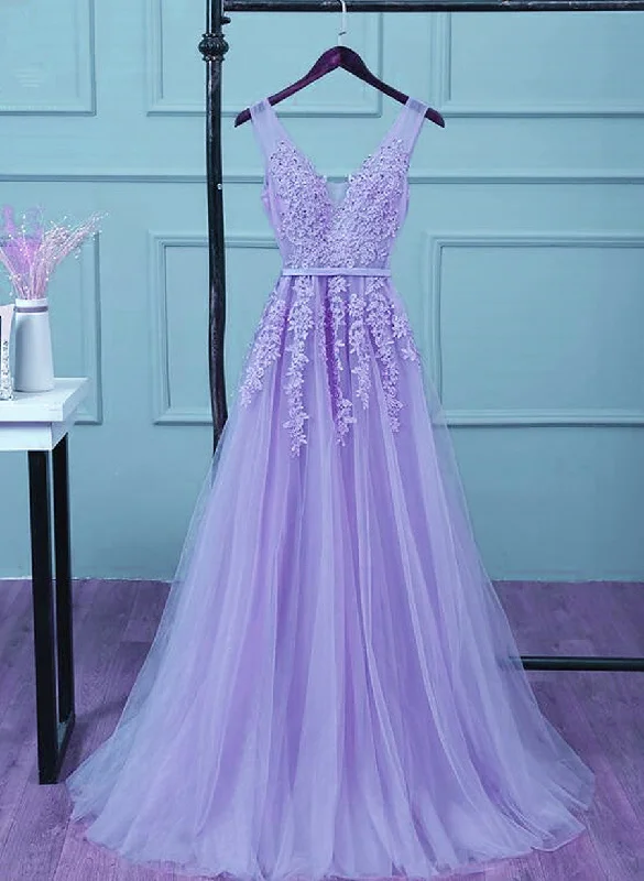 Light Purple Tull Long with Lace Applique Prom Dress, Light Purple Evening Dress Button-front Maxi Skirt