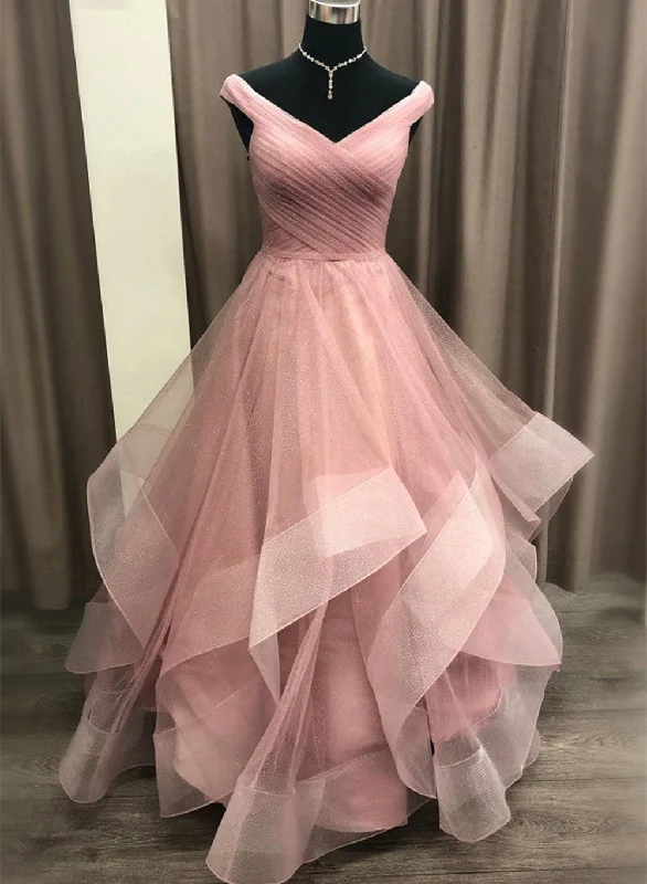 Pink Tulle Layers Long Formal Dress, Pink Tulle A-line Prom Dress Satin Maxi Skirt