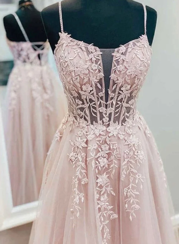 Pink Tulle with Lace Straps Lace-up Floor Length Prom Dress, Pink Long Evening Dress Cotton Maxi Skirt