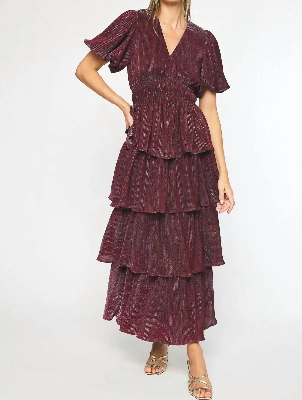 Puff Sleeve Maxi Dress In Metallic Sangria Boho Chic Maxi