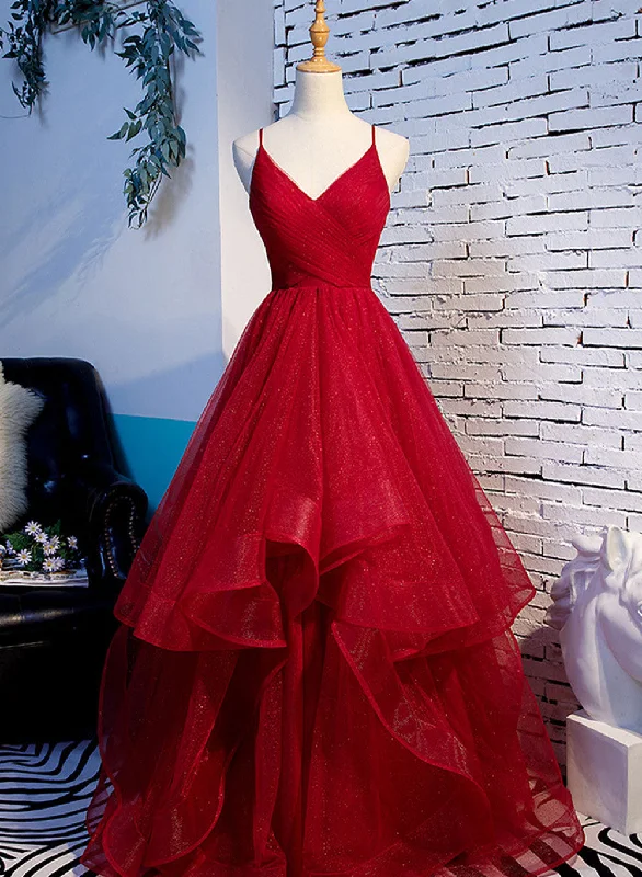 Red V-neckline Tulle Straps Long Formal Dress, Red Layers Prom Dress Boho Maxi Skirt